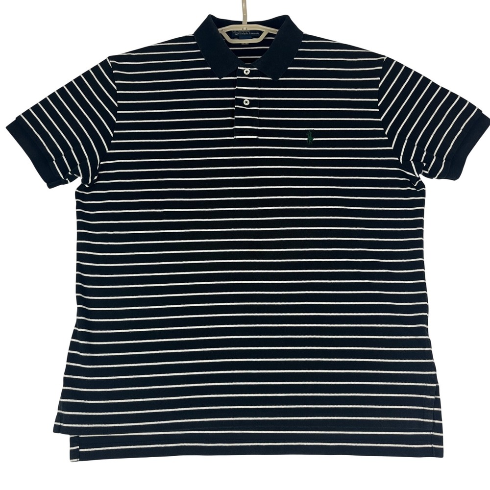 Polo Ralph Lauren Polo Shirt Mens XL Navy Blue White Striped Pique Short Sleeve